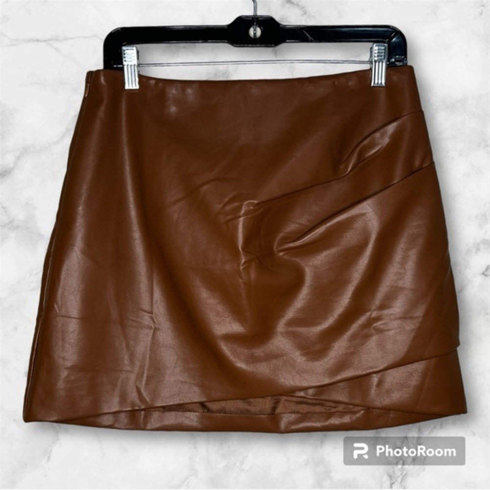Lulu’s High Waist Plain Ruched Asymmetrical Faux Leather Mini Pencil Skirt Large